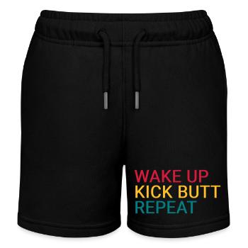 Wake up. Kick butt. Repeat - Kids Organic Sweat Shorts by Stanley/Stella - black - Front