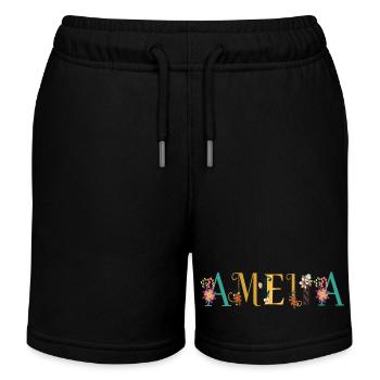 AMELIA Namenskunst mit gestickten Blumen - Kinder Organic Joggingshorts Mini Bolter von Stanley/Stella - Schwarz - Vorne