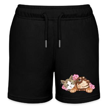 Chat mignon et teckel rêveur avec des fleurs roses - Short de jogging enfant bio Stanley/Stella - noir - Devant