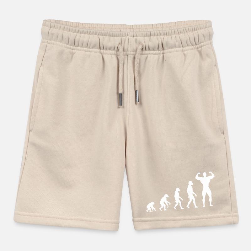 Evolution from prehistoric man to muscleman Kids Organic Sweat Shorts by Stanley/Stella