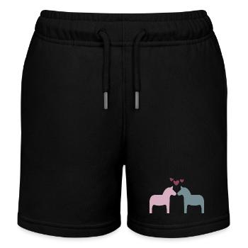 Dala Horse Pair Hearts Love Valentine's Day Skandi - Kids Organic Sweat Shorts by Stanley/Stella - black - Front
