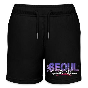 Seoul Night Skyline Floral Script - Kids Organic Sweat Shorts by Stanley/Stella - black - Front