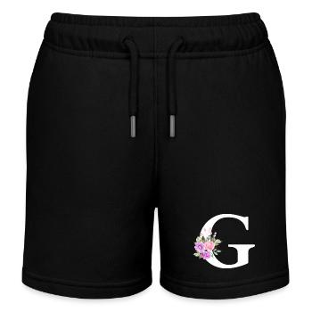 Lila Blumenbuchstabe g - Kinder Organic Joggingshorts Mini Bolter von Stanley/Stella - Schwarz - Vorne