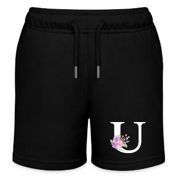 Lettre u floral violet - Short de jogging enfant bio Stanley/Stella - noir - Devant
