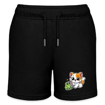 Niedliche rotweiße Katze traf auf einen Frosch - Kinder Organic Joggingshorts Mini Bolter von Stanley/Stella - Schwarz - Vorne