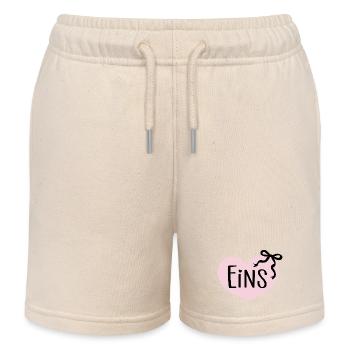 First Birthday 1st Year Girl Heart Bow - Kids Organic Sweat Shorts by Stanley/Stella - soft Ecru - Front