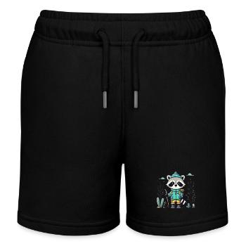 Abenteuerlustiger Waschbär im Wanderoutfit - Kinder Organic Joggingshorts Mini Bolter von Stanley/Stella - Schwarz - Vorne