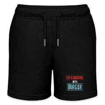Lebensfreude mit Burger Spruch - Kinder Organic Joggingshorts Mini Bolter von Stanley/Stella - Schwarz - Vorne