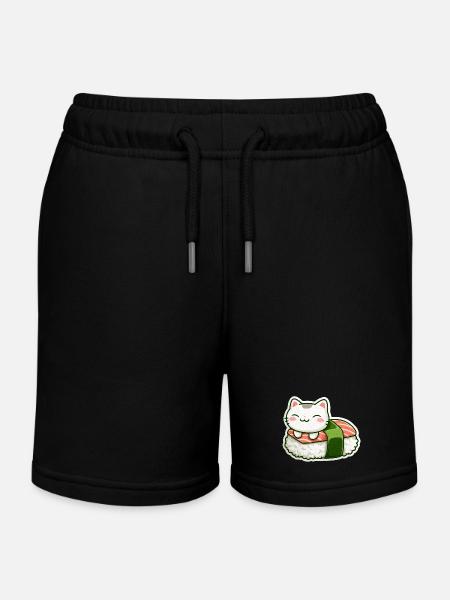 Kawaii Sushi Cat on Roll - Kids Organic Sweat Shorts by Stanley/Stella - black