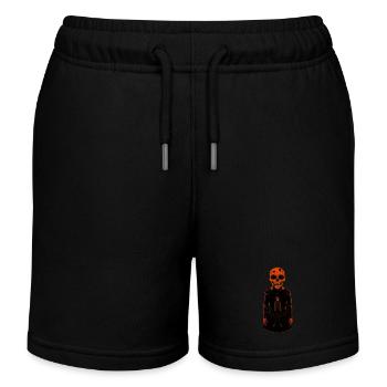 Ein orangefarbenes Skelett trägt einen Mantel. Huamn Figur - Kinder Organic Joggingshorts Mini Bolter von Stanley/Stella - Schwarz - Vorne