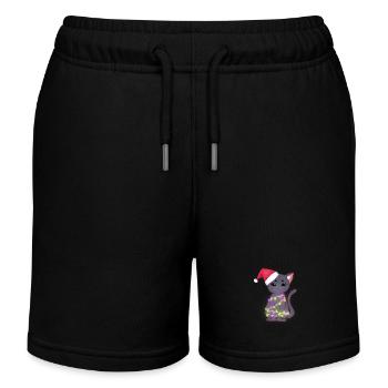 Cute Black Cat Wearing Santa Hat, Xmas Lights - Kids Organic Sweat Shorts by Stanley/Stella - black - Front