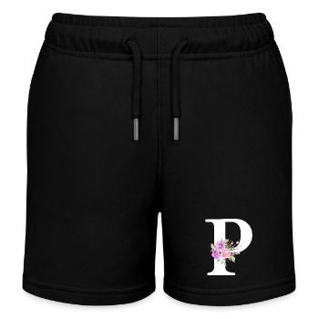 Lila Blumenbuchstabe p - Kinder Organic Joggingshorts Mini Bolter von Stanley/Stella - Schwarz - Vorne