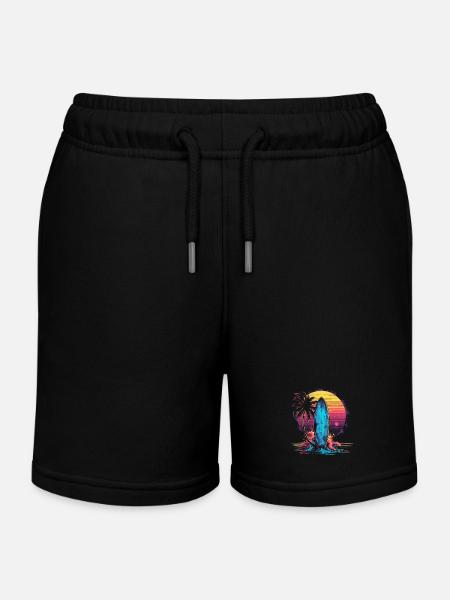 Surfing Retro Wave Surfer Gift - Kids Organic Sweat Shorts by Stanley/Stella - black