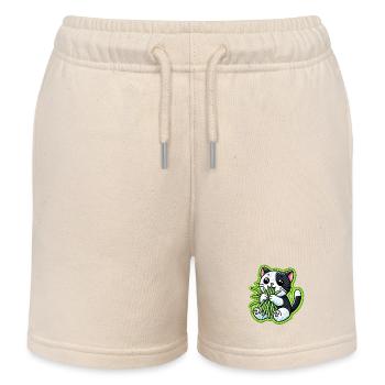 Cute Black & White Cat eating green grass - Kids Organic Sweat Shorts by Stanley/Stella - soft Ecru - Front