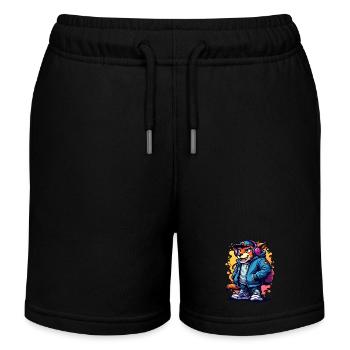 Edgy Cat in Headphones and Stylish Jacket Art - Kids Organic Sweat Shorts by Stanley/Stella - black - Front