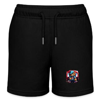 Streetwear teddy bear in front of train - Kids Organic Sweat Shorts by Stanley/Stella - black - Front