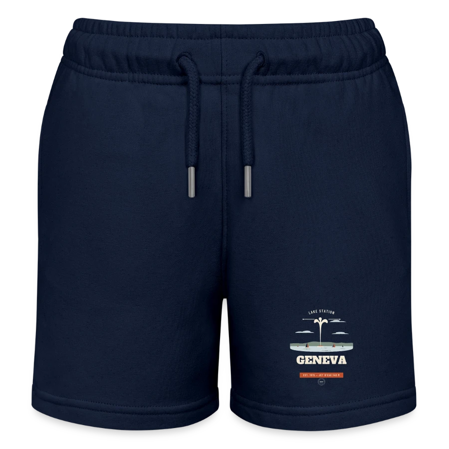 Geneva badge on a kids organic sweat shorts by stanley/stella, navy