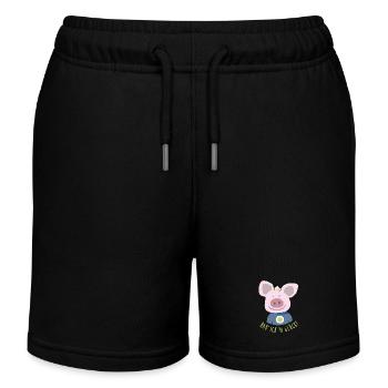 Schwein "Hab' ich 'n Glück" Illustration Kinder - Kinder Organic Joggingshorts Mini Bolter von Stanley/Stella - Schwarz - Vorne
