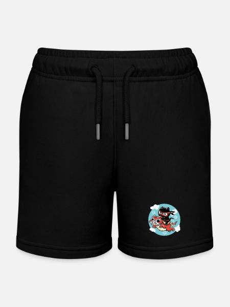 Kawaii Ninja cat riding a red dragon - Kids Organic Sweat Shorts by Stanley/Stella - black