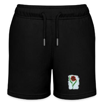 Rusty Red Flower with Green Leaves - Kids Organic Sweat Shorts by Stanley/Stella - black - Front