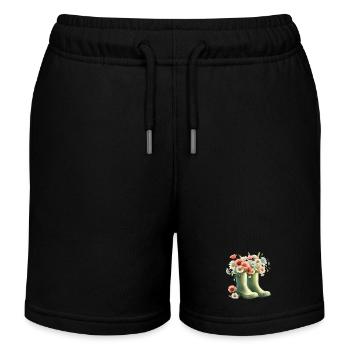 Garden motif: Two green rubber boots with flowers - Kids Organic Sweat Shorts by Stanley/Stella - black - Front