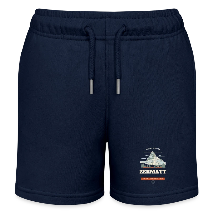 Zermatt badge on a kids organic sweat shorts by stanley/stella, navy