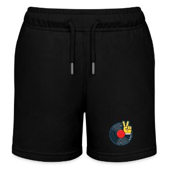 Vinyl Album with Hand Showing Peace Sign - Kids Organic Sweat Shorts by Stanley/Stella - black - Front