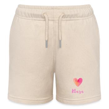 Klara Pink Heart Girl Aesthetic Outfit Tee - Kids Organic Sweat Shorts by Stanley/Stella - soft Ecru - Front