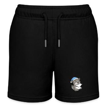Sleeping Tired - Cat with Pillow and Sleepy Cap - Kids Organic Sweat Shorts by Stanley/Stella - black - Front