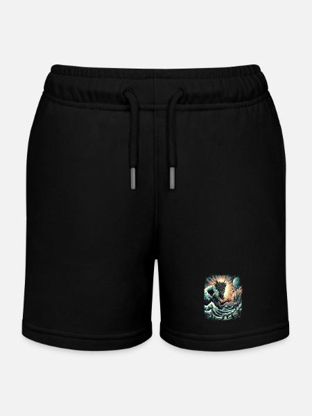 Poseidon's Great Wave off Kanagawa - Kids Organic Sweat Shorts by Stanley/Stella - black