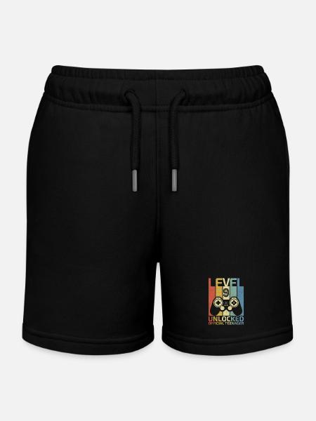 Level 9 Unlocked official teenager - Kids Organic Sweat Shorts by Stanley/Stella - black