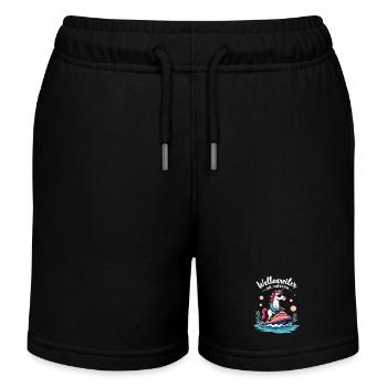 Pinker Einhorn Wellenreiter - Kinder Organic Joggingshorts Mini Bolter von Stanley/Stella - Schwarz - Vorne