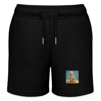 niedlicher kleiner orangefarbener Vintage-Roboter beim Einkauf von Lebensmitteln - Kinder Organic Joggingshorts Mini Bolter von Stanley/Stella - Schwarz - Vorne