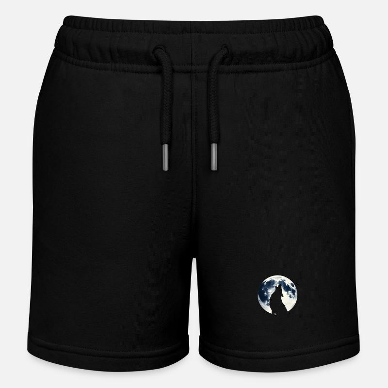 Wolf Howling At Full Moon - Kids Organic Sweat Shorts by Stanley/Stella - black