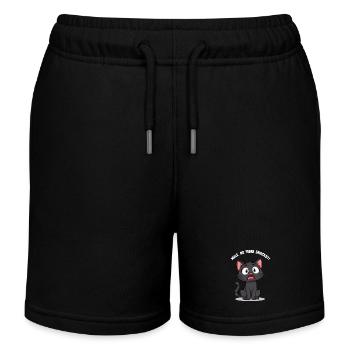 Shocked Black Cartoon Cat – Wait, No More Snacks?! - Kids Organic Sweat Shorts by Stanley/Stella - black - Front