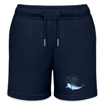 bright blue whale fish in the ocean with fountain - Kids Organic Sweat Shorts by Stanley/Stella - navy - Front