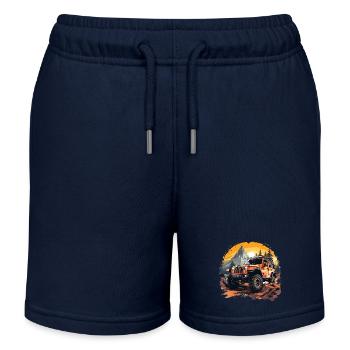 Orange Off-Road Vehicle crawling in the forest - Kids Organic Sweat Shorts by Stanley/Stella - navy - Front