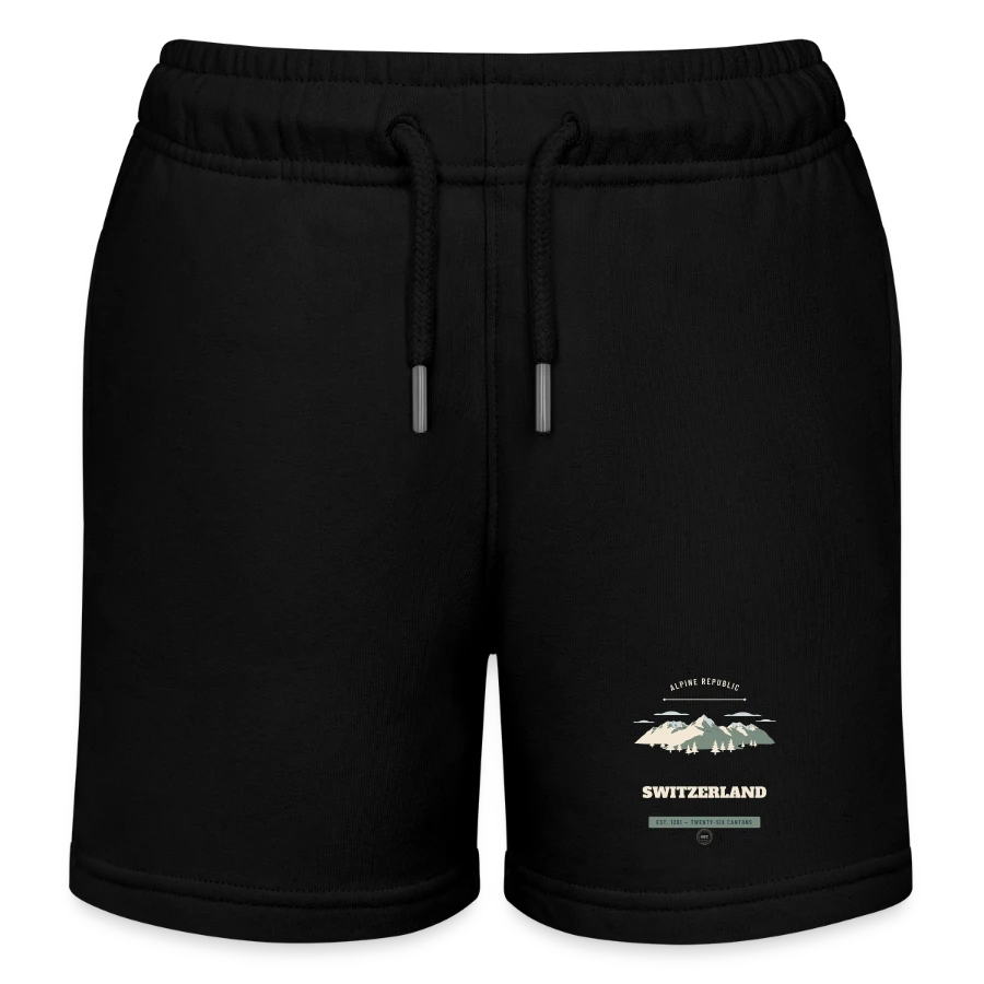 Switzerland badge on a kids organic sweat shorts by stanley/stella, black