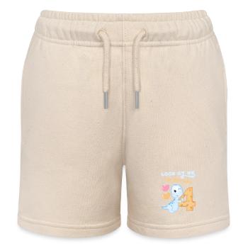 4th Birthday, 4 Years Old, Kawaii Dinosaur - Kids Organic Sweat Shorts by Stanley/Stella - soft Ecru - Front