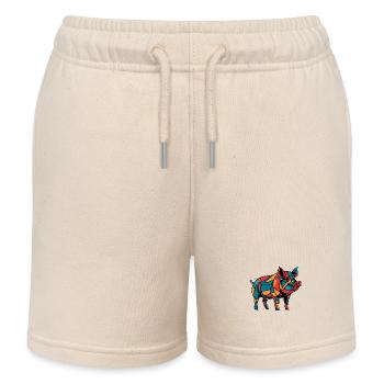 Colorful Geometric Farm Animal Graphic Pig - Kids Organic Sweat Shorts by Stanley/Stella - soft Ecru - Front