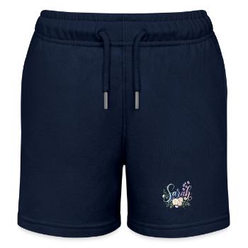 Sarah Watercolor Flower Initial - Kids Organic Sweat Shorts by Stanley/Stella - navy - Front