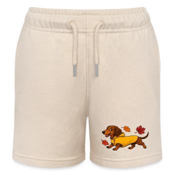 Herbst Dackel in Gelber Regenjacke - Kinder Organic Joggingshorts Mini Bolter von Stanley/Stella - Natur - Vorne