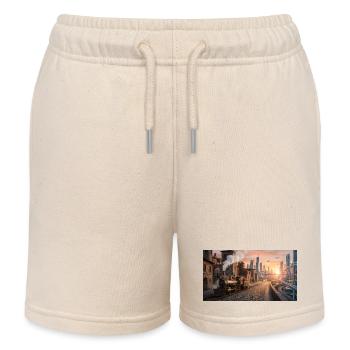 Time Travel: Retro Steam Train and Futuristic City - Kids Organic Sweat Shorts by Stanley/Stella - soft Ecru - Front