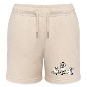 Sheep Three Tired Exhausted Yoga Meditation 3 Poses - Kids Organic Sweat Shorts by Stanley/Stella - soft Ecru - Front