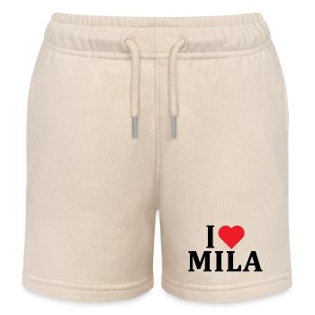 nom du t-shirt J’aime Mila idée cadeau t-shirt - Short de jogging enfant bio Stanley/Stella - écru doux - Devant