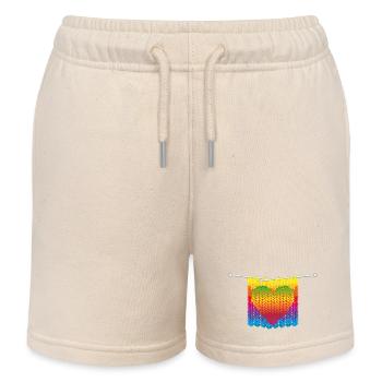 Knitted stitches in rainbow colours with heart motif - Kids Organic Sweat Shorts by Stanley/Stella - soft Ecru - Front