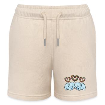 Floral Hearts Elephant Pair - Kids Organic Sweat Shorts by Stanley/Stella - soft Ecru - Front