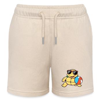 Joyful Yellow Turtle in Sunglasses with Beach Ball - Kids Organic Sweat Shorts by Stanley/Stella - soft Ecru - Front