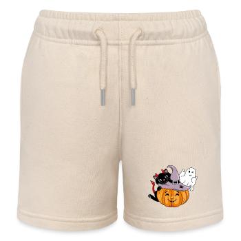 Smiling pumpkin with black cat and winking ghost - Kids Organic Sweat Shorts by Stanley/Stella - soft Ecru - Front