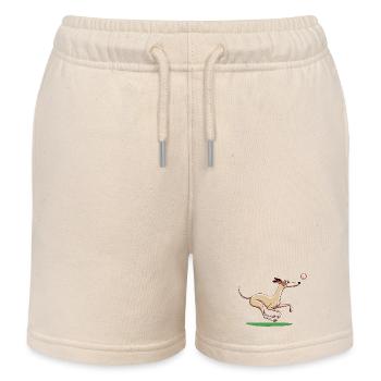 Cartoon Whippet Playing Fetch - Kids Organic Sweat Shorts by Stanley/Stella - soft Ecru - Front